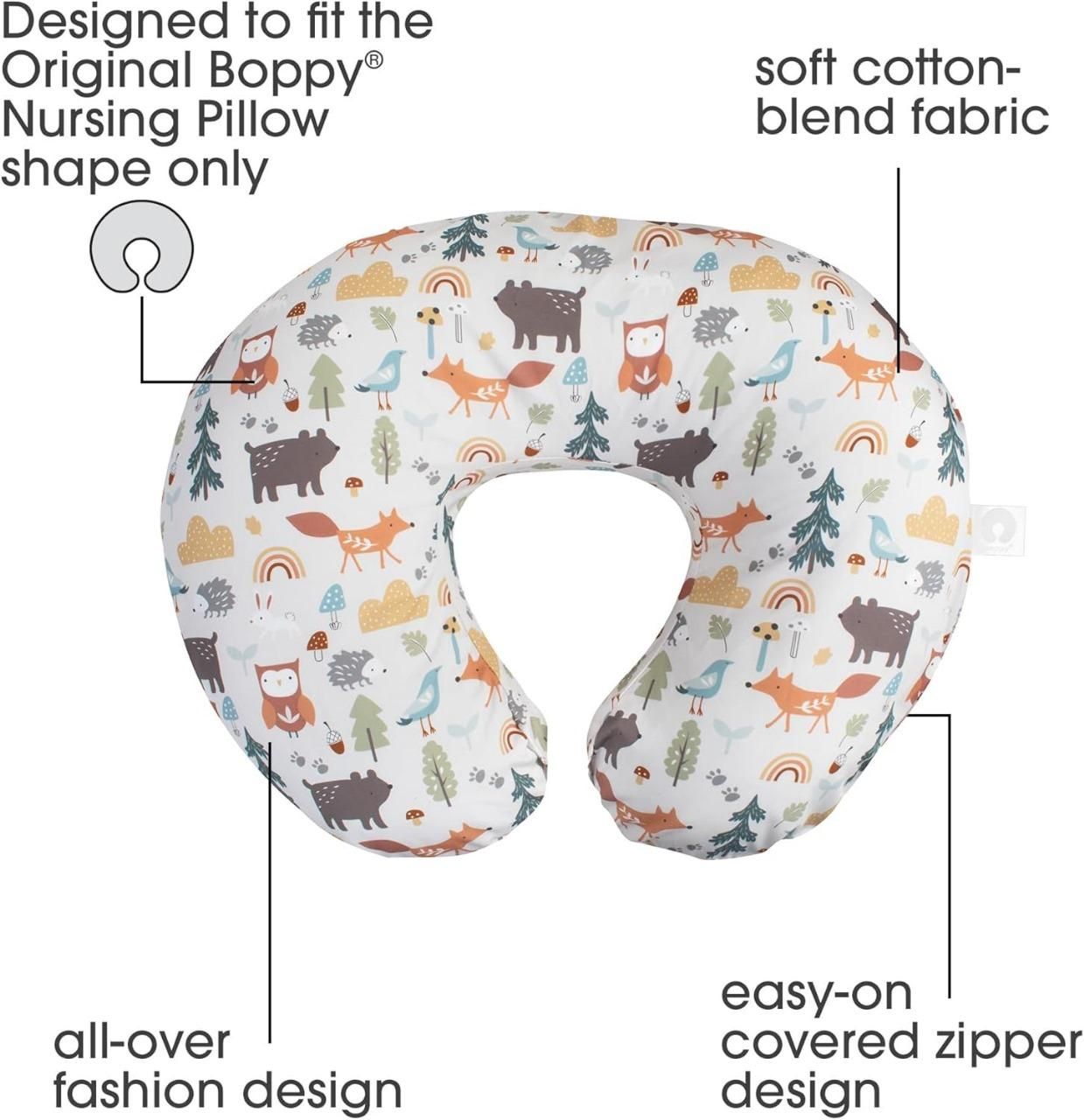 A nursing pillow cover with a forest animal print, designed to fit the Original Boppy Nursing Pillow, featuring soft cotton-blend fabric, all-over fashion design, and an easy-on covered zipper.