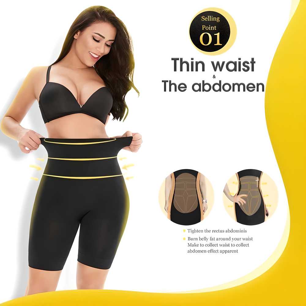 Black 4-in-1 shapewear targeting tummy, back, thighs, and hips with a seamless design, fits up to XXL.






