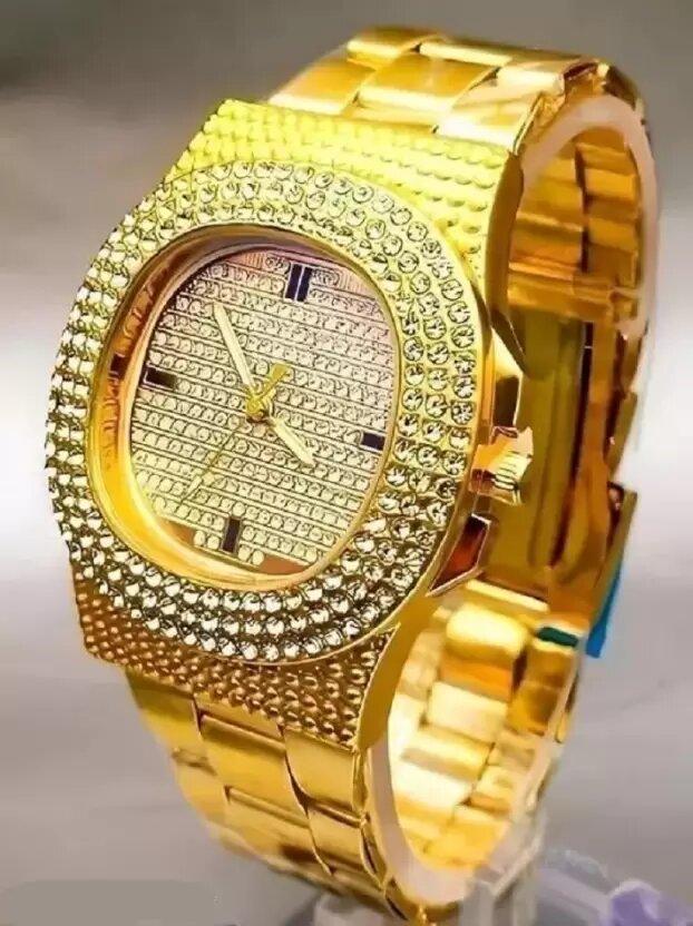 "Golden Stone Studded Diamond Wrist Watch for Boys & Men - Elegant Ethnic Design"



