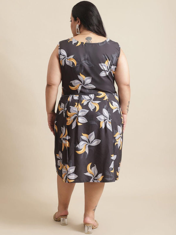 Back view of Flambeur Plus Size Blue Floral Flared Short Dress for Women 