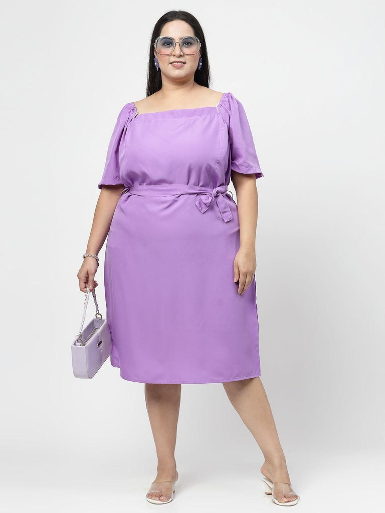 Front view of Flambeur Plus Size Lavender Solid Flared Short Dress for Women.