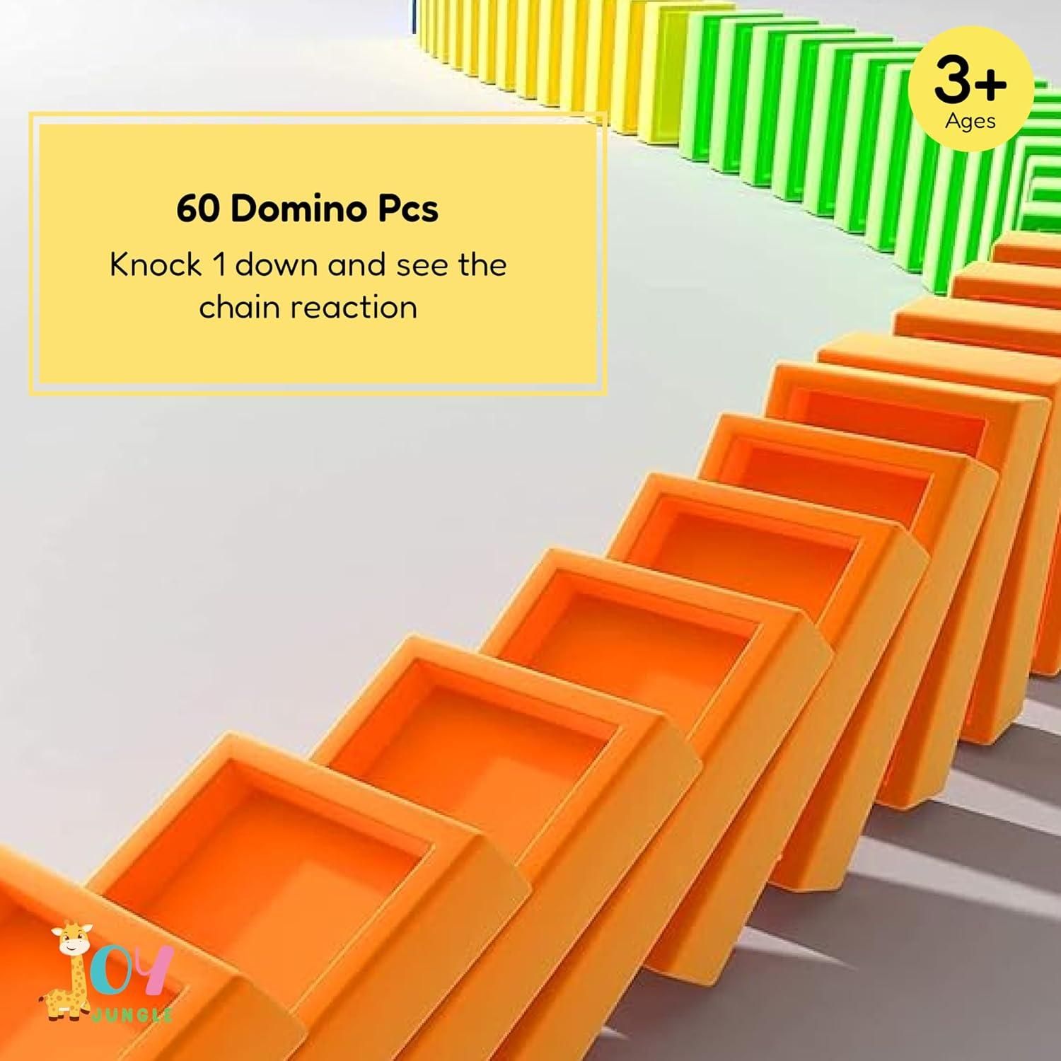 A close-up of orange and green domino pieces arranged in a curved pattern with highlighted text advertising '60 Domino Pcs' for ages 3 and up.