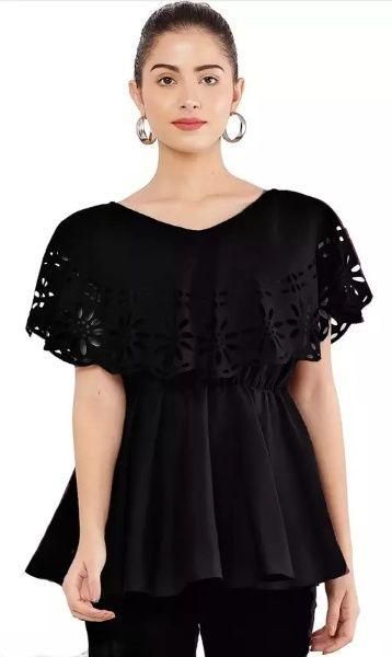 Front view of Oceanista Womens Crepe Solid V Neck Black Top.