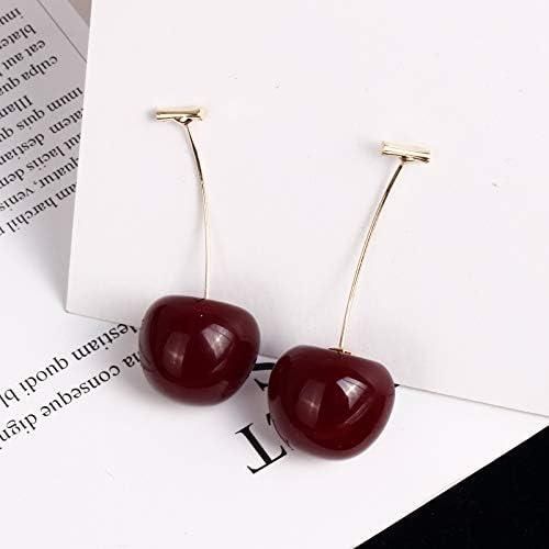 3D Red Cherry Drop Earrings featuring realistic red cherry charms with gold stems, hanging from gold-plated dangle hooks. These cute fruit-themed earrings measure 3cm in length, offering a fun and whimsical accessory perfect for casual wear and parties.