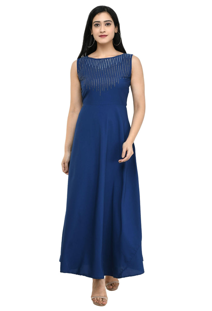 Oceanista Womens Crepe Embellished Partywear Navy Blue Maxi Dress