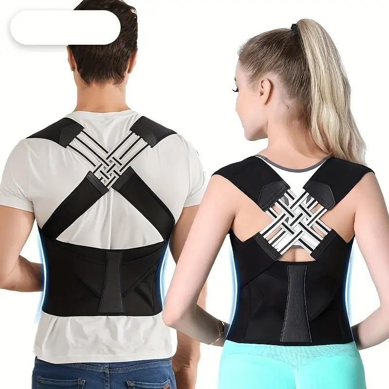 A man and a woman seen from the back, both wearing black posture corrector braces with crisscross straps.