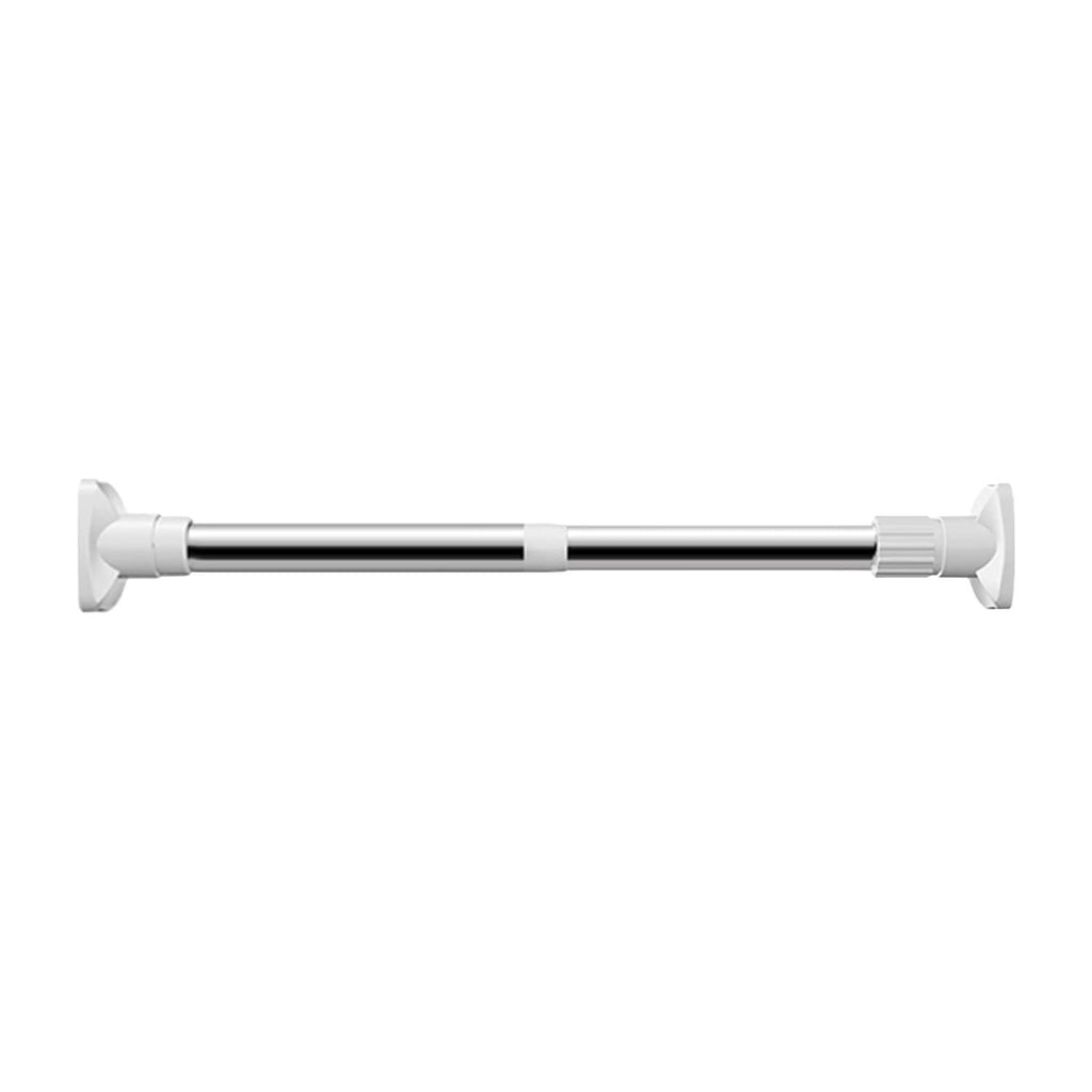 A silver and white adjustable tension rod with plastic end caps.