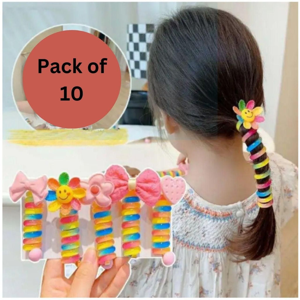 Girl using colorful, elastic spiral hair bands to hold her curly ponytail, showcasing a set of 10 vibrant and durable bands perfect for kids' hairstyles."