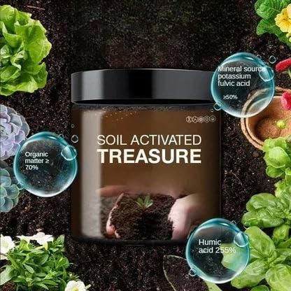 A container labeled 'Soil Activated Treasure' surrounded by vegetables and soil, with text indicating organic matter, mineral source, potassium fulvic acid, and humic acid.