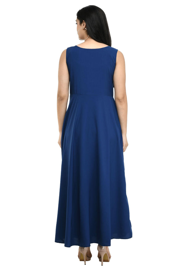 Oceanista Womens Crepe Embellished Partywear Navy Blue Maxi Dress back