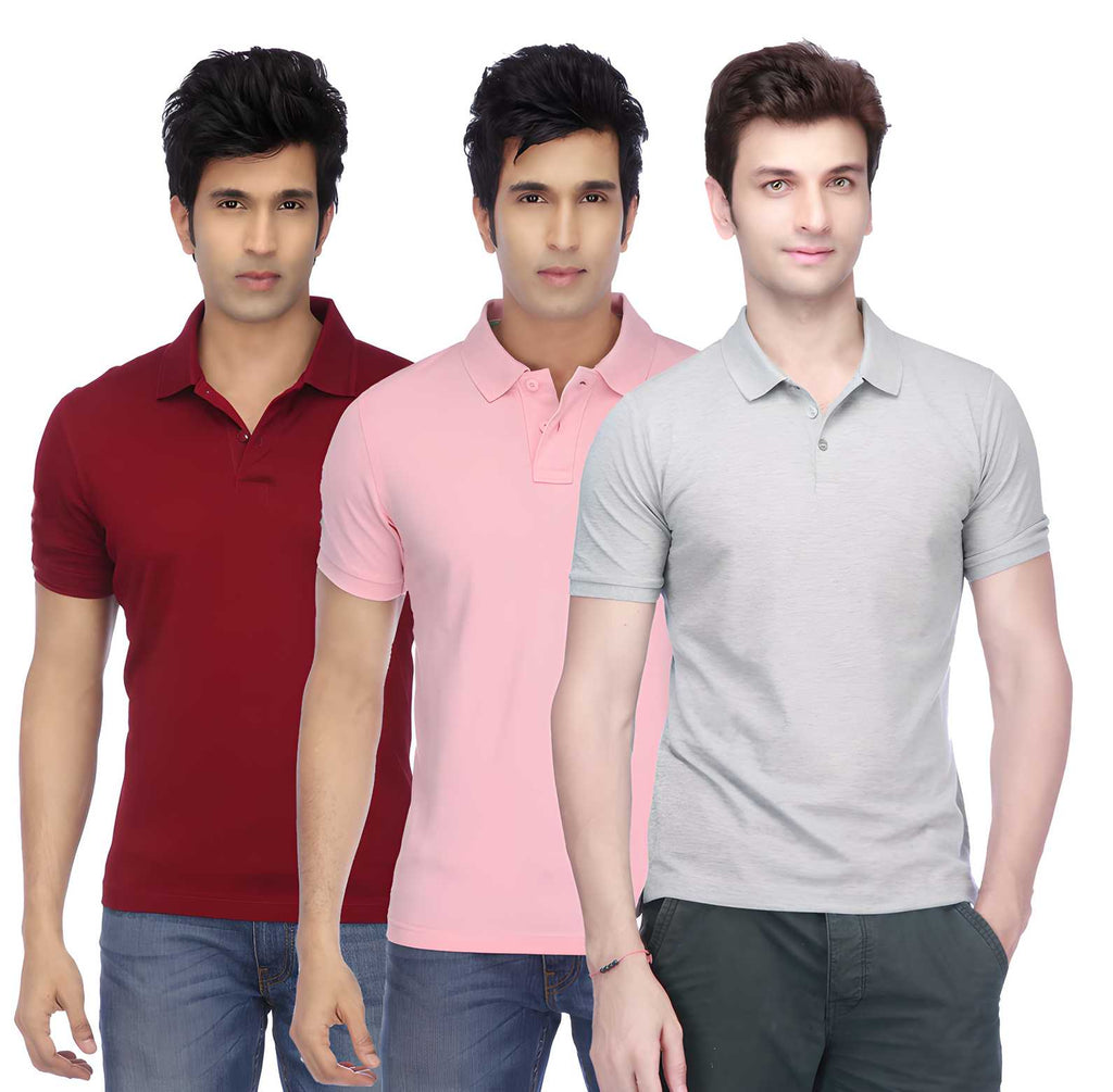 Multicolor Men's Poly Cotton Solid Polo T-shirt Pack of 3 with Half Sleeves.