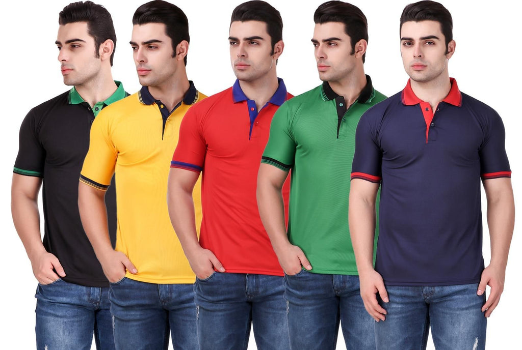 Pack of 5 men's multicolor half sleeves polo T-shirts in polyester, solid pattern with regular fit and polo neck, perfect for casual wear.