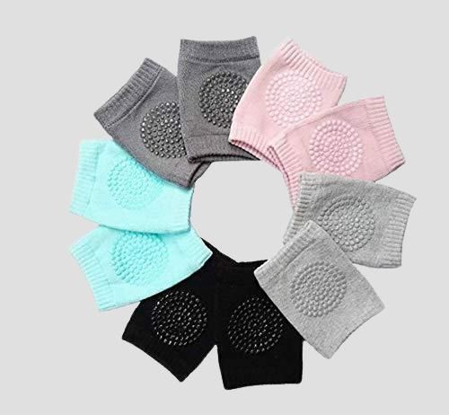 2 pairs of multi-colored baby crawling elbow pads and leg warmers, designed to protect babies' knees and elbows while they crawl.