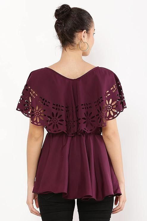 Back view of Oceanista Womens Crepe Solid V-Neck Maroon Top, highlighting the seamless finish and regular fit.