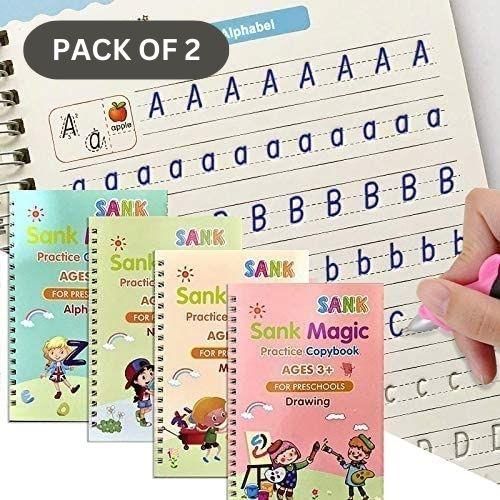 Magic Book Set of 2, includes 8 books, 20 refills, 2 pens, 2 grips, made with high-quality paper and silicone, perfect for preschool education and skill development."