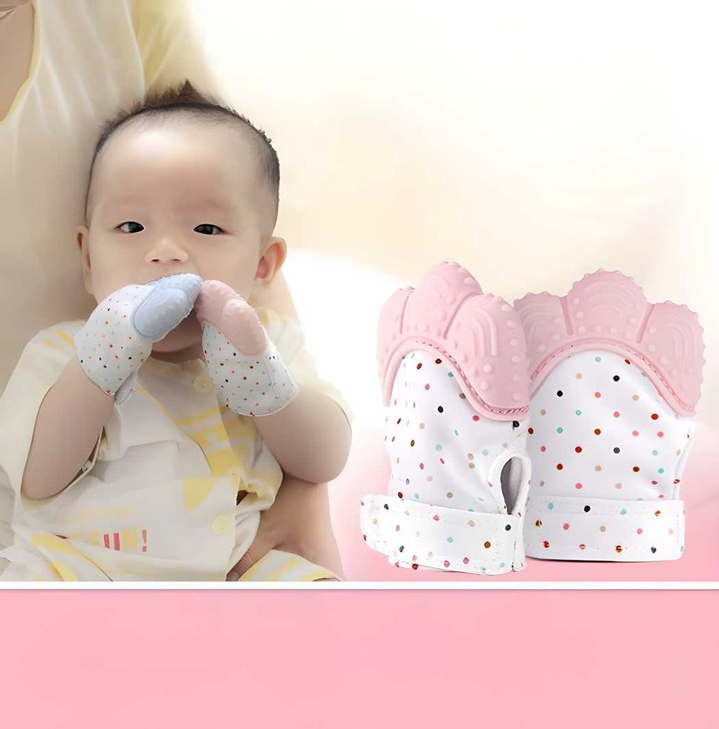 Silicone teether glove for babies, designed for self-soothing with soft, food-grade material, 10 x 10 x 10 cm.






