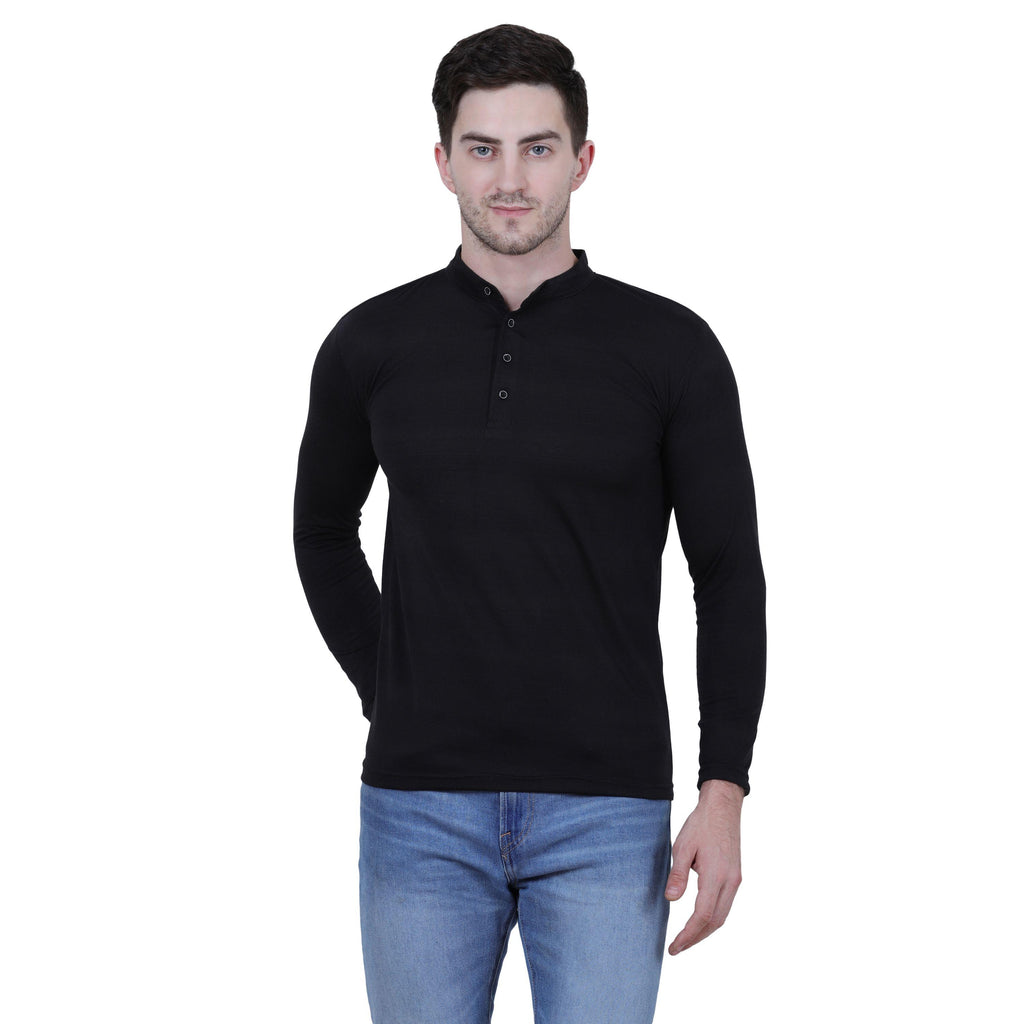 Men's full sleeves solid black T-shirt in cotton blend with a round neck, available in multiple sizes, perfect for casual wear.