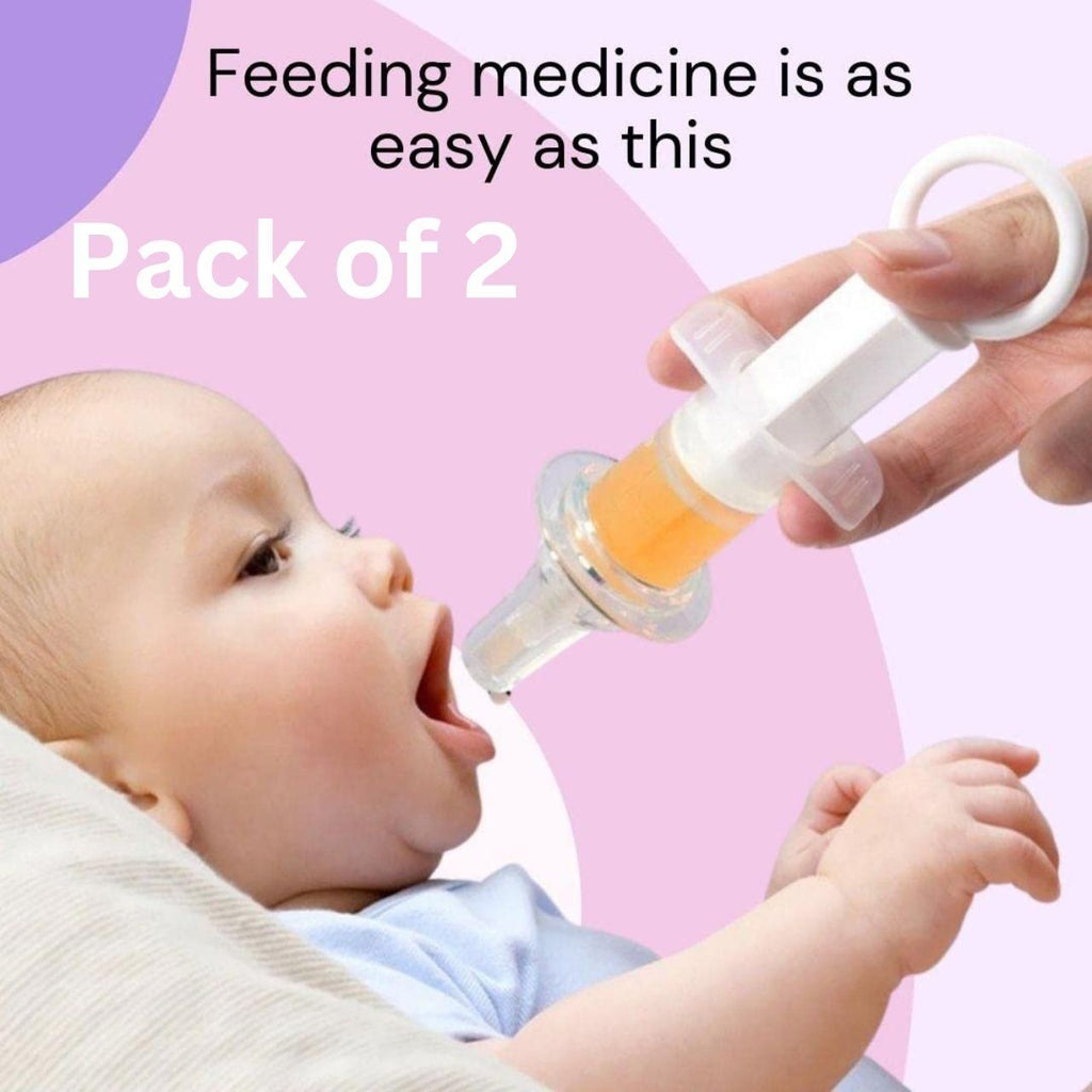 Pack of 2 baby needle feeder medicine droppers/dispensers with measurement caps, designed for easy and accurate administration of liquid medicine to infants.