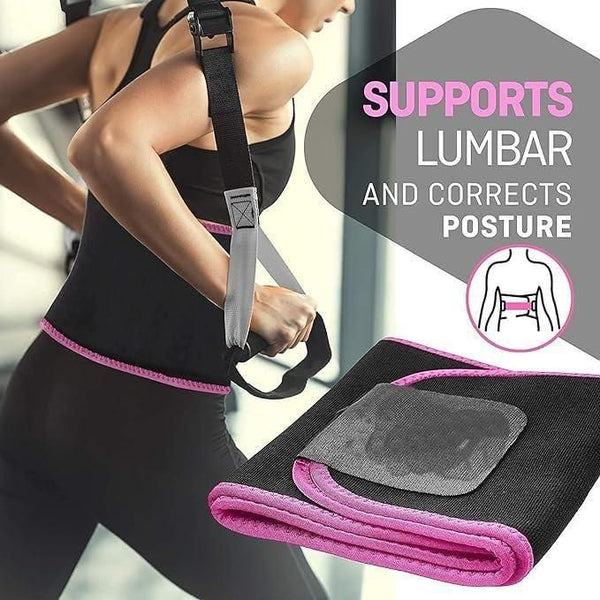 A woman wearing a black and pink lumbar support belt with text that reads 'Supports lumbar and corrects posture.' A close-up of the belt is also shown.