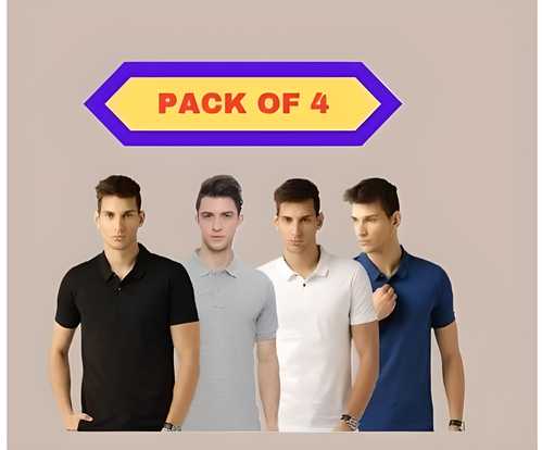 Pack of 4 men's multicolor poly cotton polo T-shirts with solid colors, half sleeves, and a regular fit, perfect for casual wear.