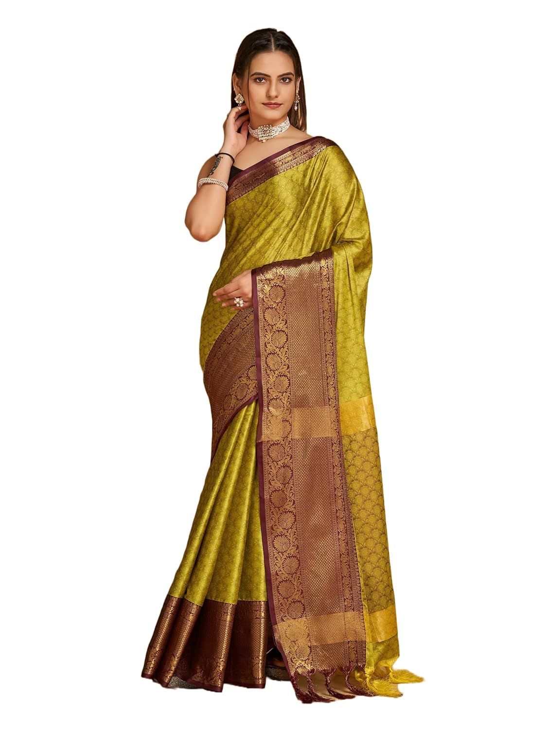 Elegant Zari Woven Aura Silk Saree showcasing intricate zari weaving on luxurious Aura silk. The saree is available in various vibrant colors, measures 6.5 meters in length, and includes an unstitched matching blouse piece. Ideal for weddings, festivals, and special occasions, offering a sophisticated and timeless look.