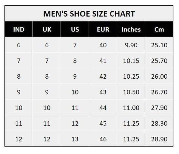 Men's Stylish Daily Wear Casual Shoes size chart