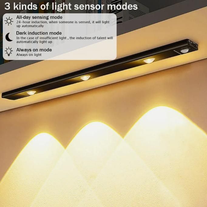 LED PIR motion sensor cabinet light, USB rechargeable with warm and neutral white lighting, energy-efficient, portable, and waterproof.