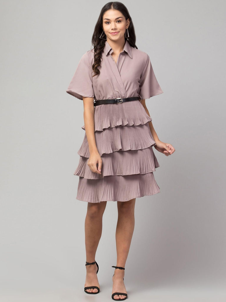 Purple crepe shirt collar flared short dress by Oceanista with knee-length fit & flare design.