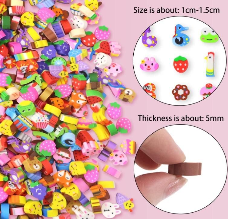 A pile of colorful small polymer clay slices in various shapes such as animals, fruit, and desserts, with insets showing their size and thickness.
