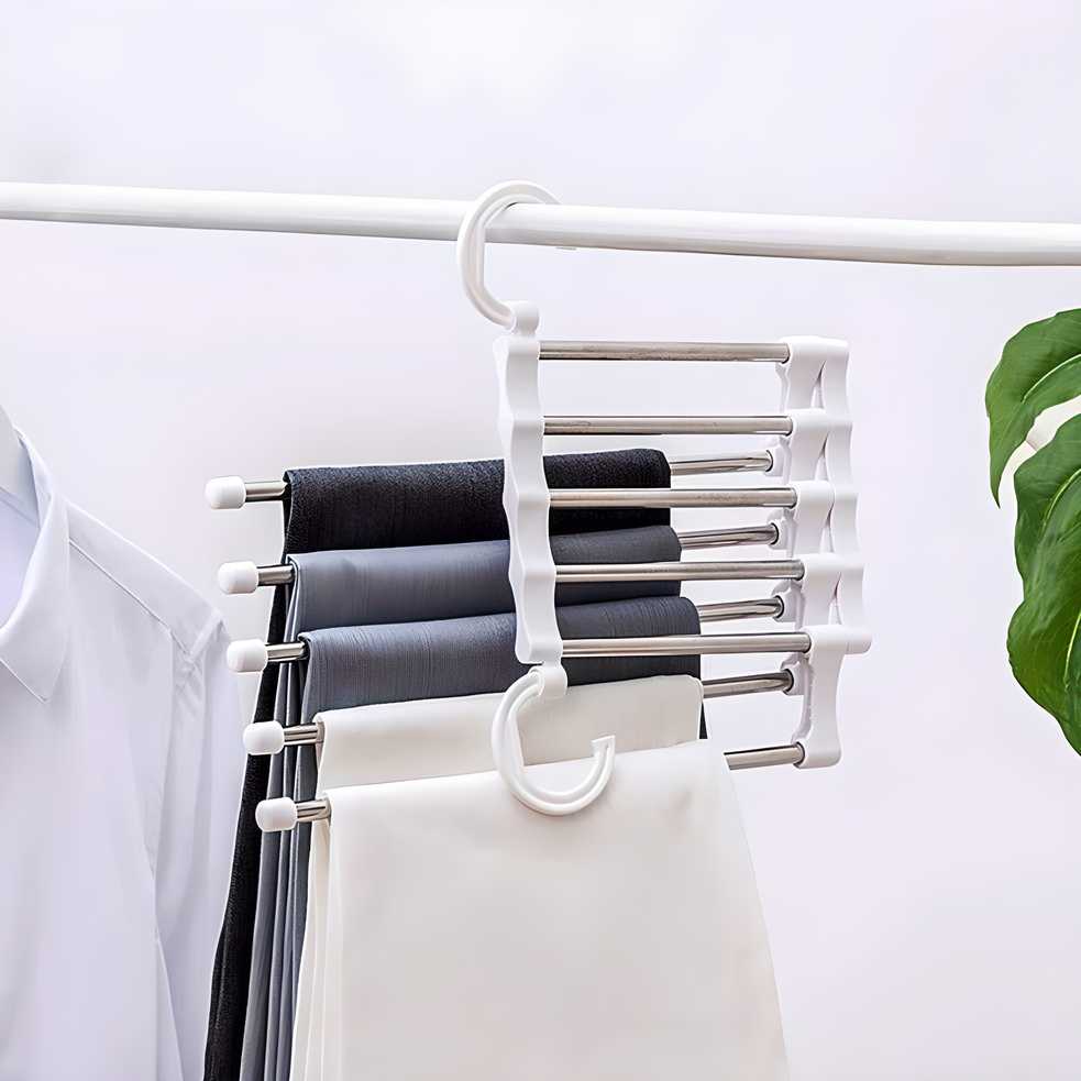 5-in-1 stainless steel retractable pants rack with 360° rotating hooks and five extendable tubes, suitable for organizing trousers, scarves, belts, and more (Pack of 2).






