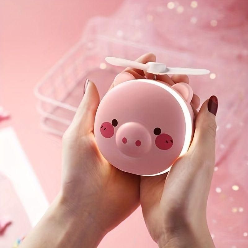 Charming Portable Cartoon Pig LED Mirror Fan - Clothovia