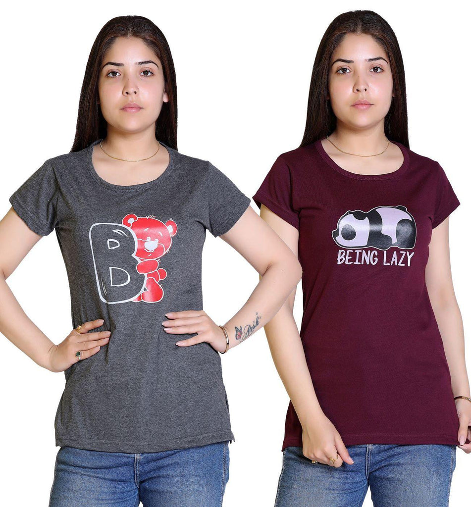 "Women's cotton graphic print t-shirts in multicolor, pack of two."
