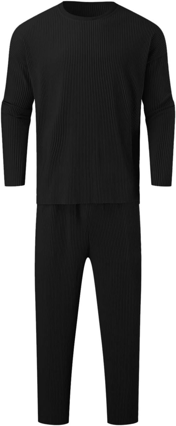 A black, ribbed long-sleeve shirt and matching pants set.