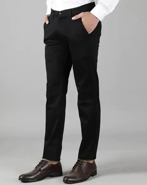 Men's black Lycra stretchable formal trousers, solid pattern, full-length, ideal for office or formal occasions.