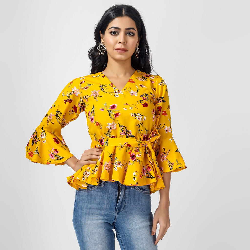 Front view of Oceanista Womens Crepe Floral Print Mustard Top, showcasing the vibrant floral pattern and stylish design.