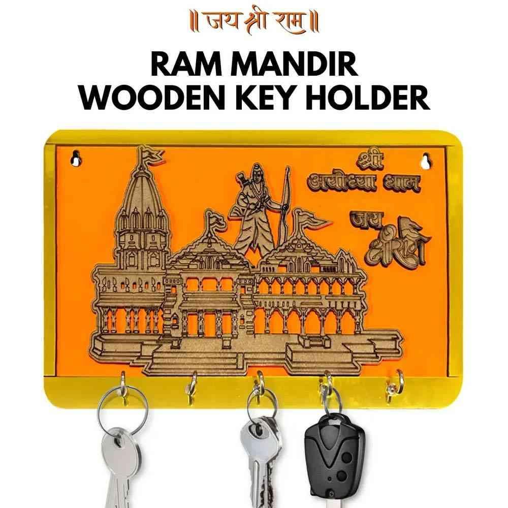 Shree Ram Mandir Ayodhya model wooden key holder, featuring intricate carvings of the iconic temple design with hooks for organizing keys