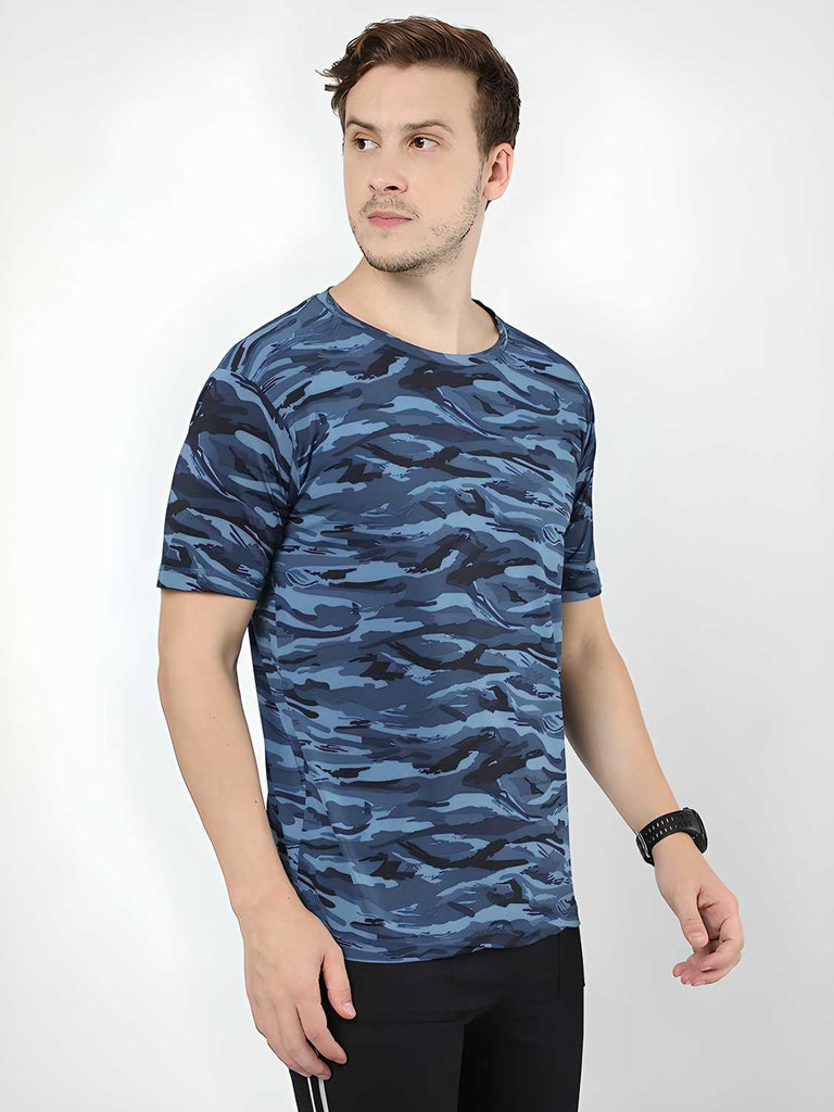 Men's blue cotton printed half sleeves T-shirt with a round neck and regular fit, perfect for casual wear.