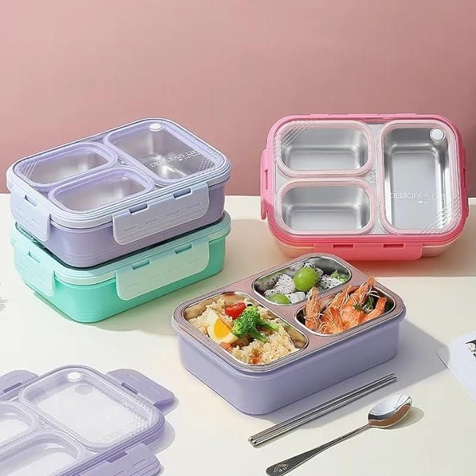 A 3 Grid Leak Proof Lunch Box featuring three separate compartments for different food items, a secure, snap-on lid, and a durable, BPA-free design. Ideal for keeping meals organized and preventing leaks during transport