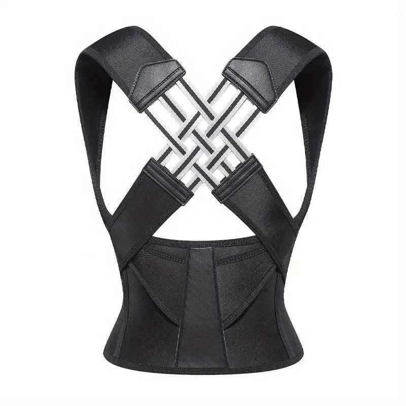 A black adjustable posture corrector brace with crisscross straps and back support panel.