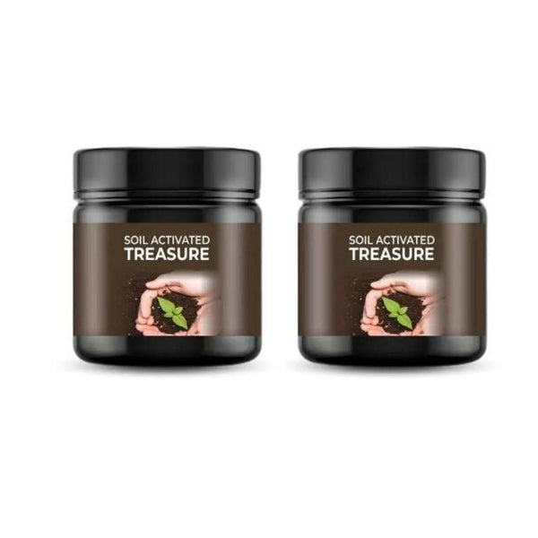 Two dark jars with black lids labeled 'Soil Activated Treasure,' featuring an image of hands holding soil with a small green plant.