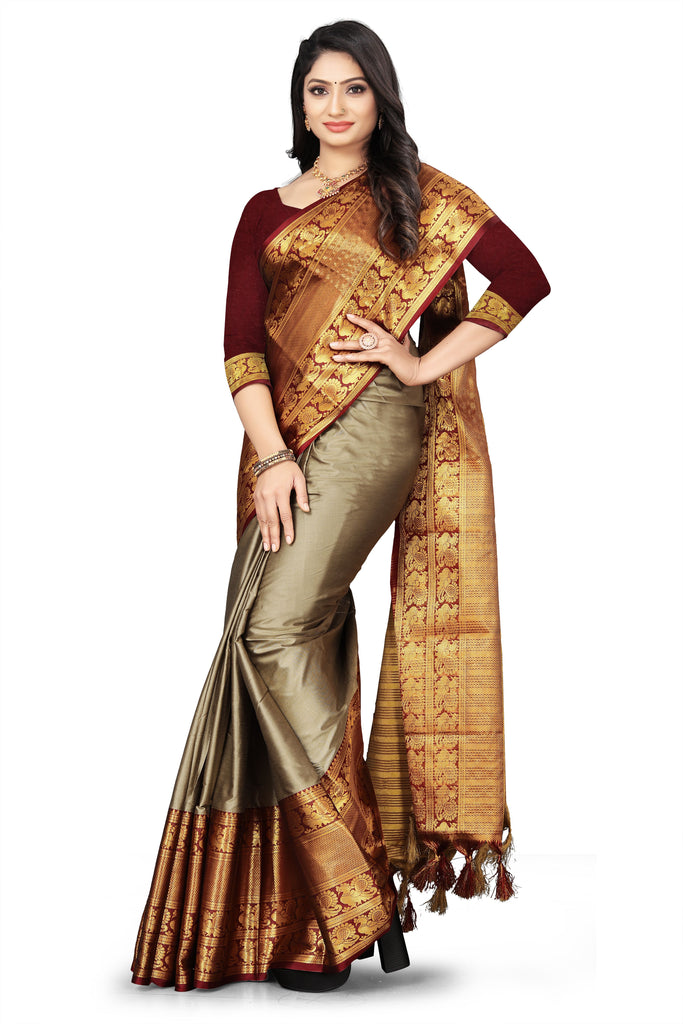 Attractive Kanjivaram Silk Jacquard Saree featuring a luxurious jacquard weave with elegant patterns, made from premium Kanjivaram silk