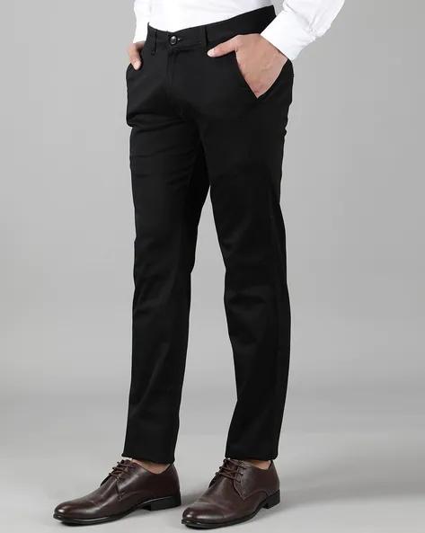 Polyester blend solid slim fit men's formal trousers in black