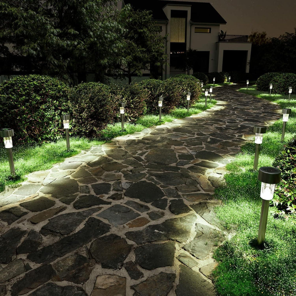 Solar pathway LED lights for outdoor use, plastic material, pack of 2, energy-efficient.






