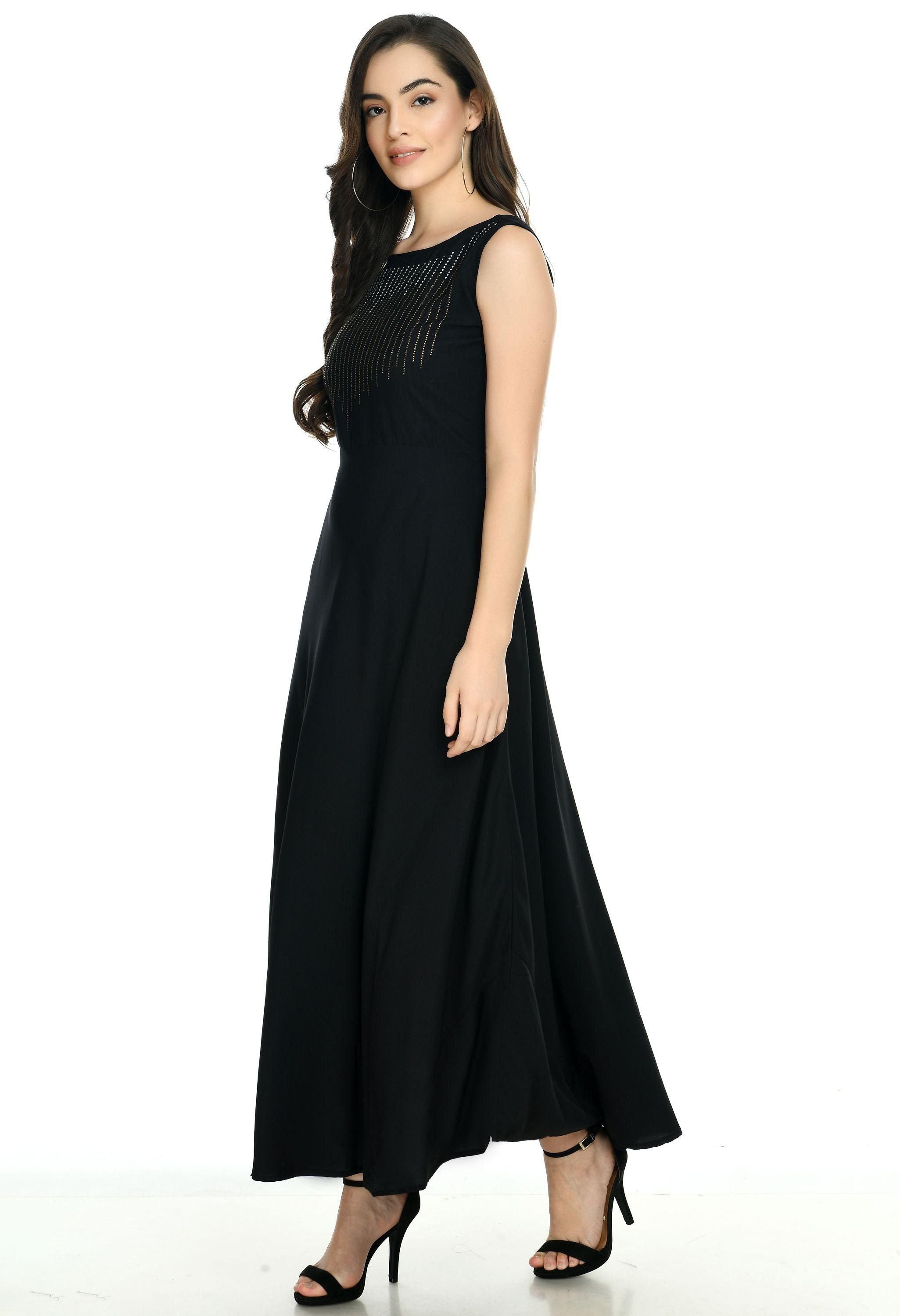 Oceanista Womens Crepe Embellished Partywear Black Maxi Dress