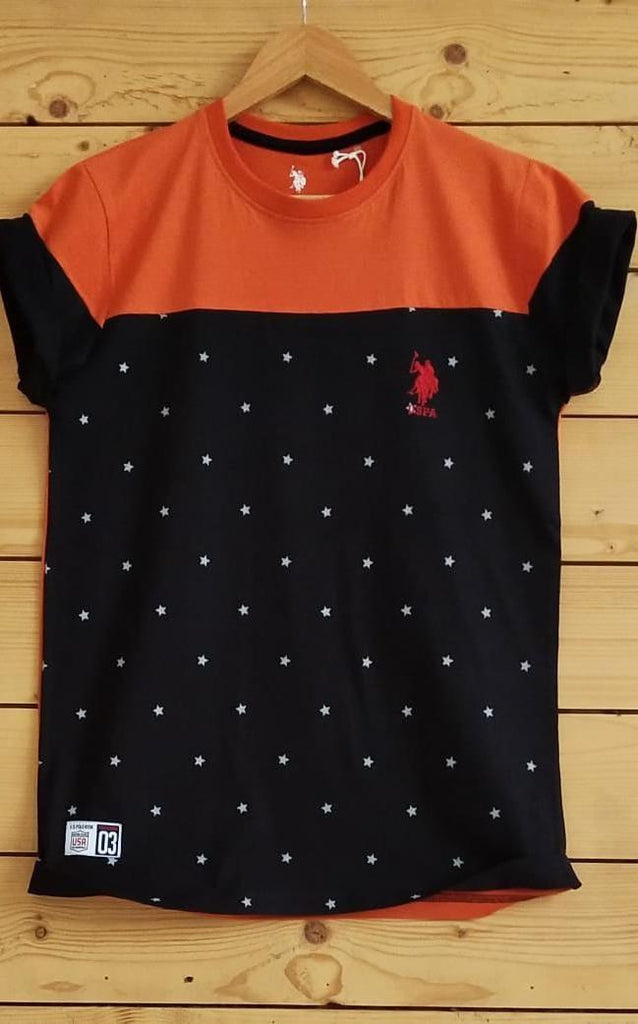 "Men's Half Sleeve Printed Polyester T-shirt - Orange, Slim Fit, Round Neck, Casual Wear"







