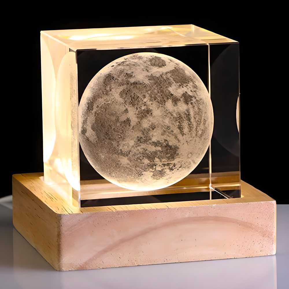 3D crystal cube moon LED night lamp with warm light, space-themed modern design, made of high-quality crystal for home and bedroom decor.