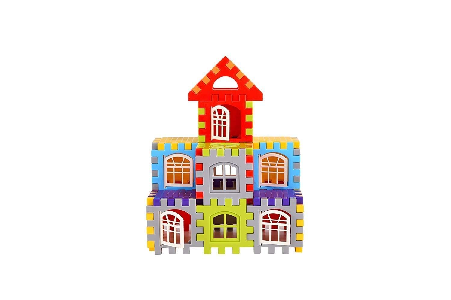 A colorful toy house made of interlocking puzzle pieces with window and door designs.