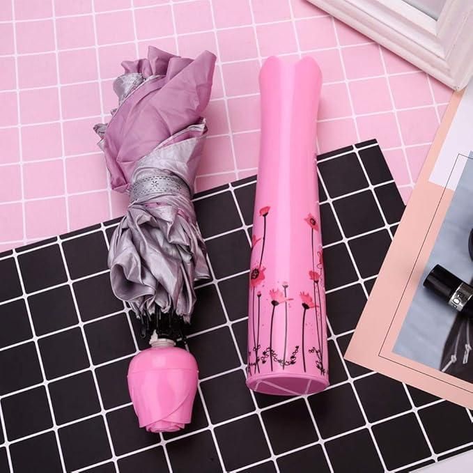  Rose bottle shape folding umbrella with plastic and metal construction, compactly folded and displayed on a white background.