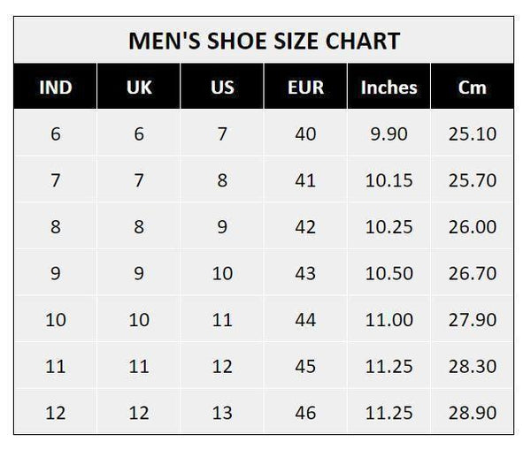 Trendy Mens Casual Shoes size chart