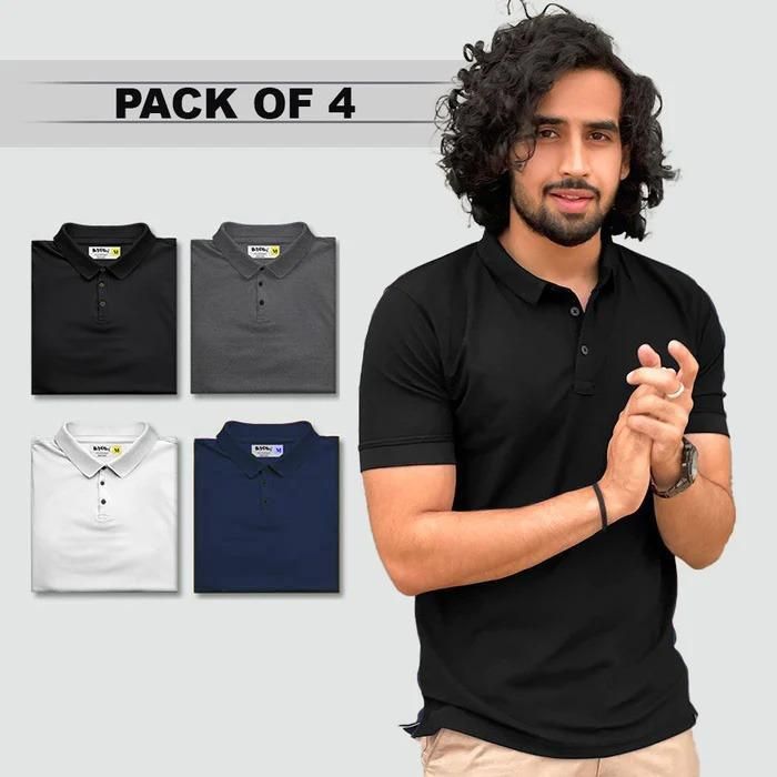 Men's multicolor cotton blend polo neck solid T-shirt pack of 4